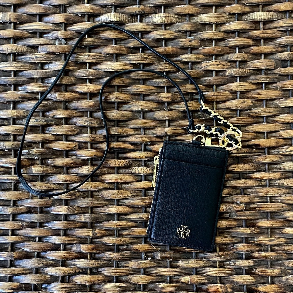 NWT - Tory Burch Lanyard with zip pouch and 4 card holders - Black & Gold